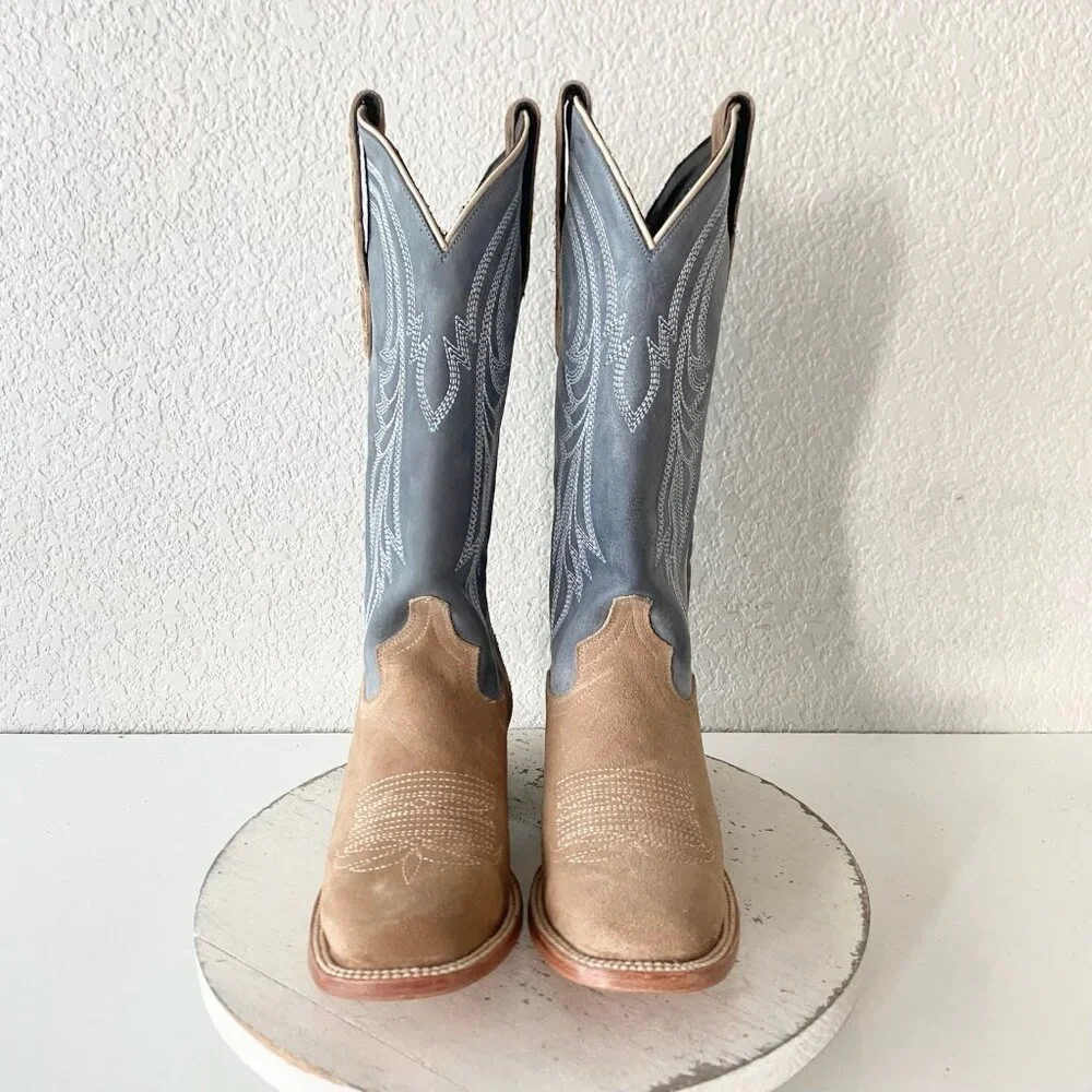 Lane Womens Square Toe Cowboy Boots 7.5 Blue Brown Suede Western Cowgirl Tall - Picture 5 of 11